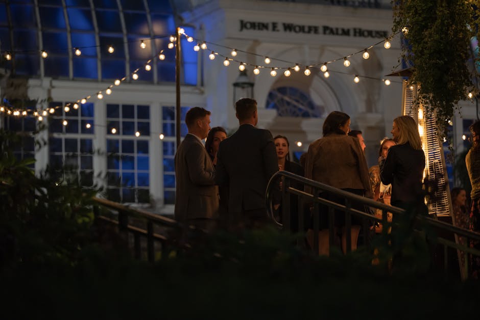 Small courtyard gathering where association members have unplanned conversations
