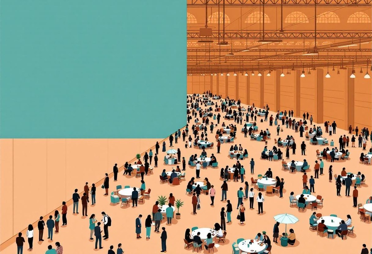 Isometric aerial view of a B2B event hall set up for sales team meeting conversations and matched introductions