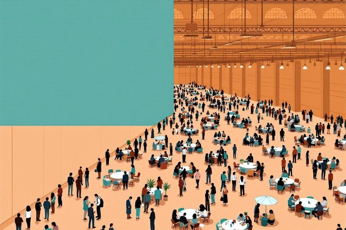 Isometric view of a banquet hall where hundreds of attendees network at round tables between sessions