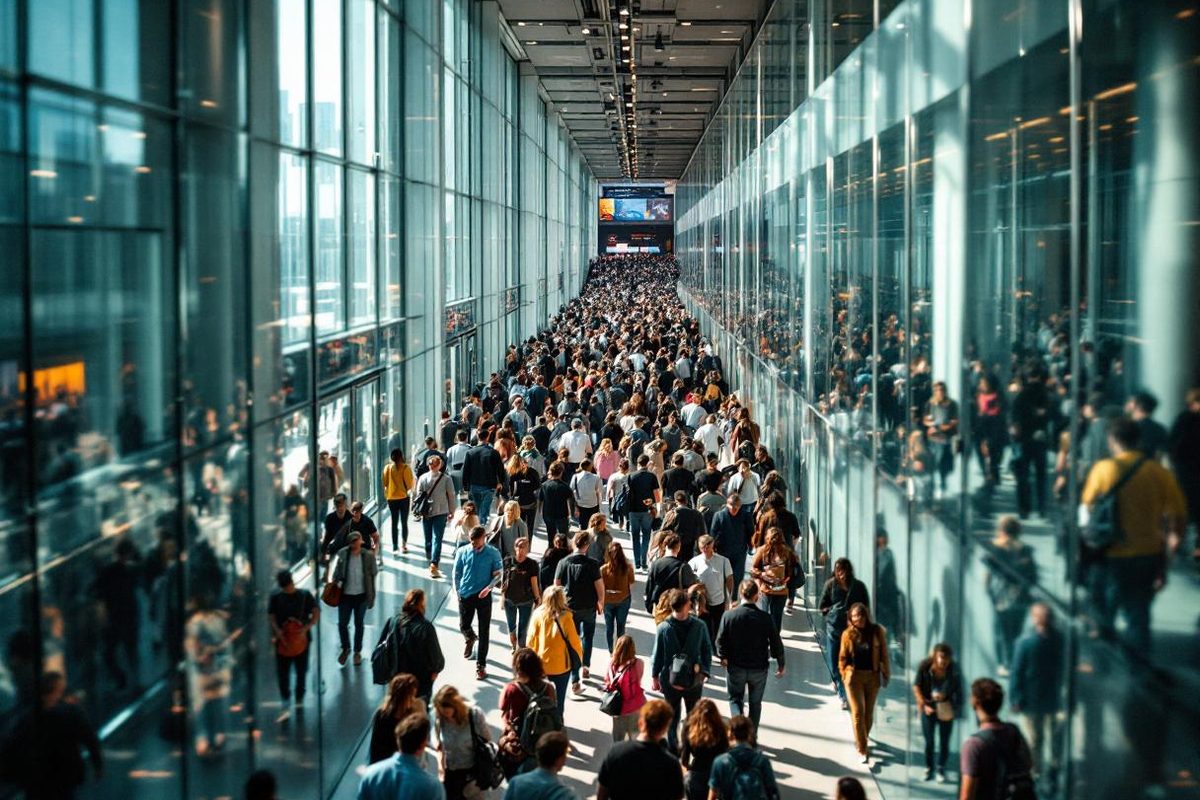 Hundreds of conference attendees streaming through a long glass-walled corridor between sessions at a large event