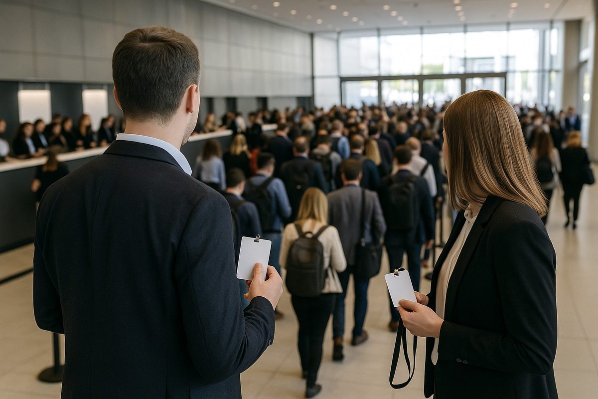 Two attendees holding lanyards look towards a busy conference registration queue in a glass-fronted foyer