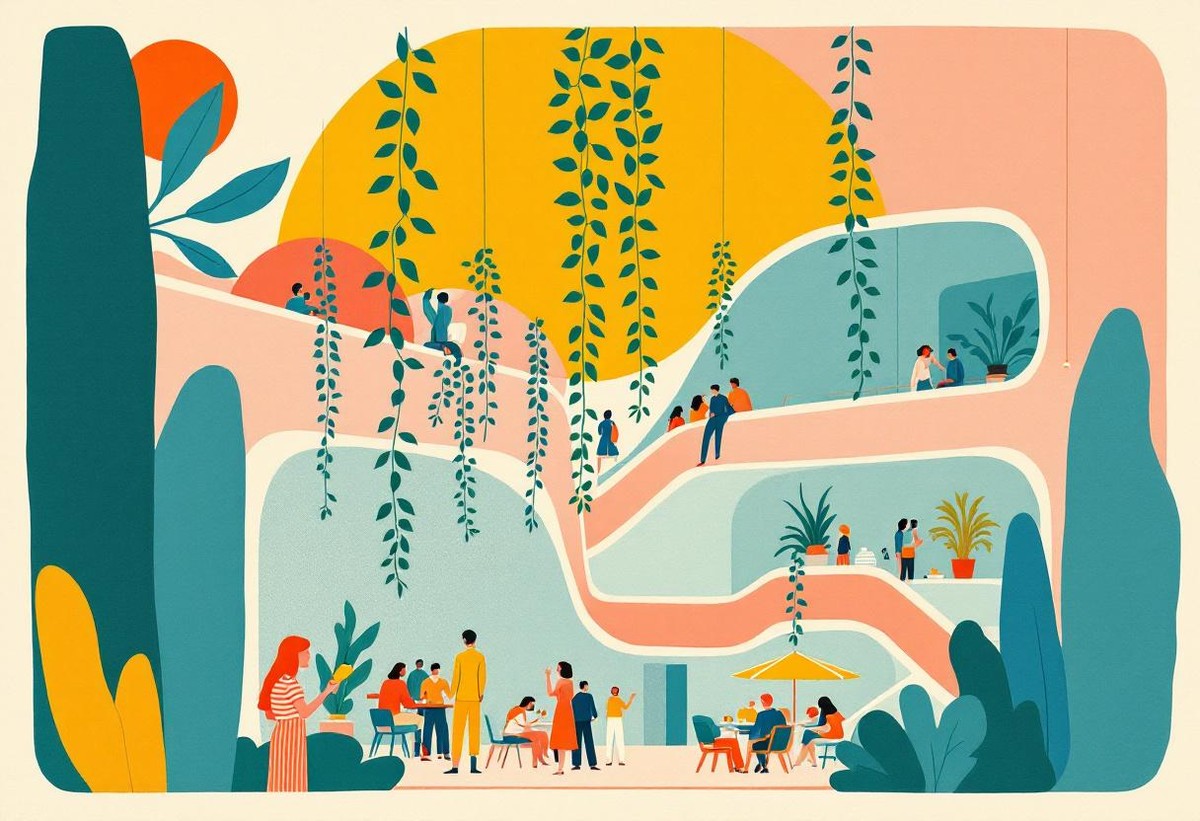 Abstract editorial illustration representing a staged conference attendee engagement strategy across five phases