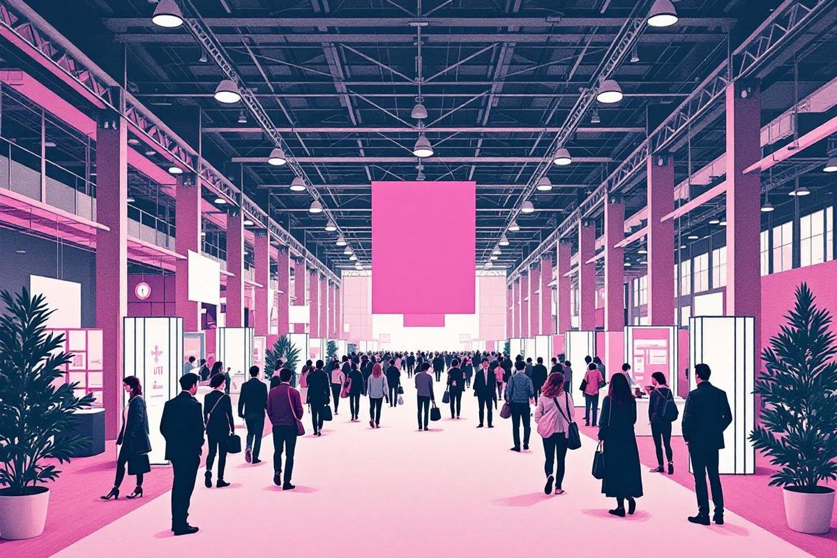 Exhibition hall in pink duotone with attendees networking between booths under blank banner panels