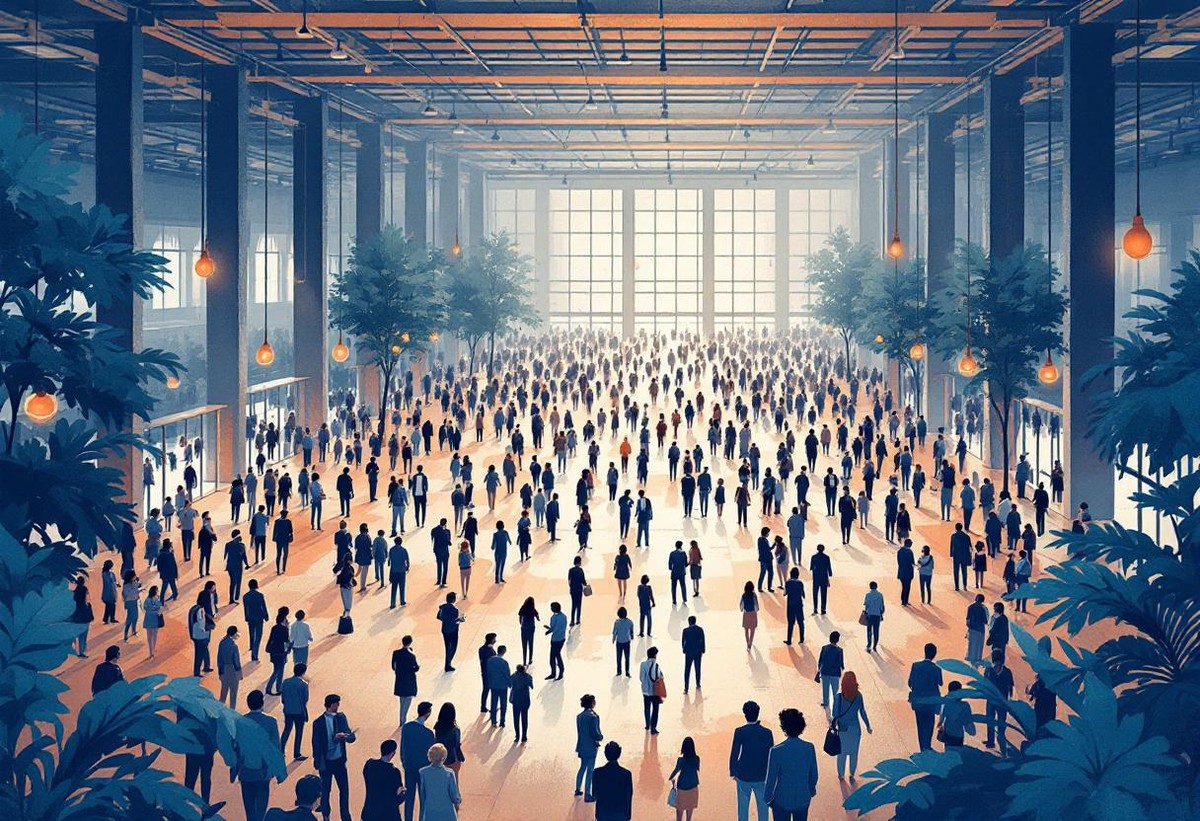 Delegates filling a large corporate atrium at a summit designed around deliberate networking