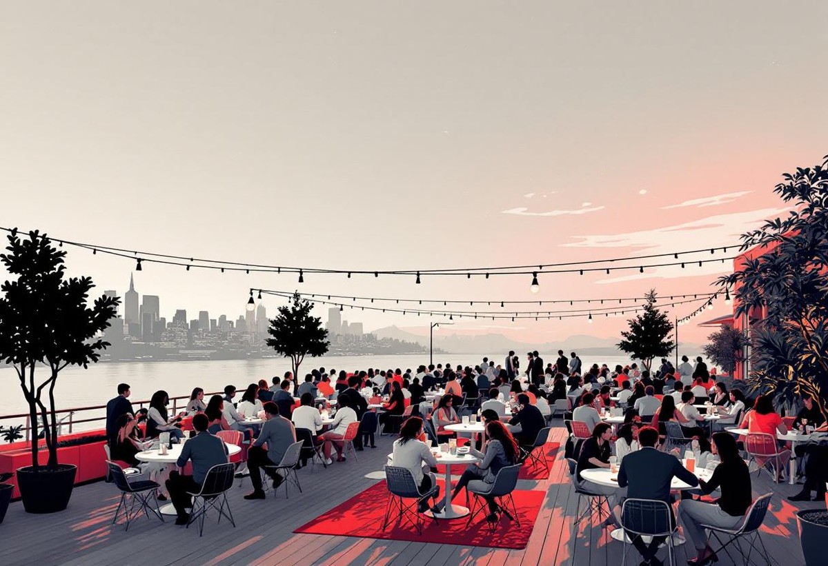 Corporate attendees gathered on a terrace at a client summit during a protected corporate event networking block
