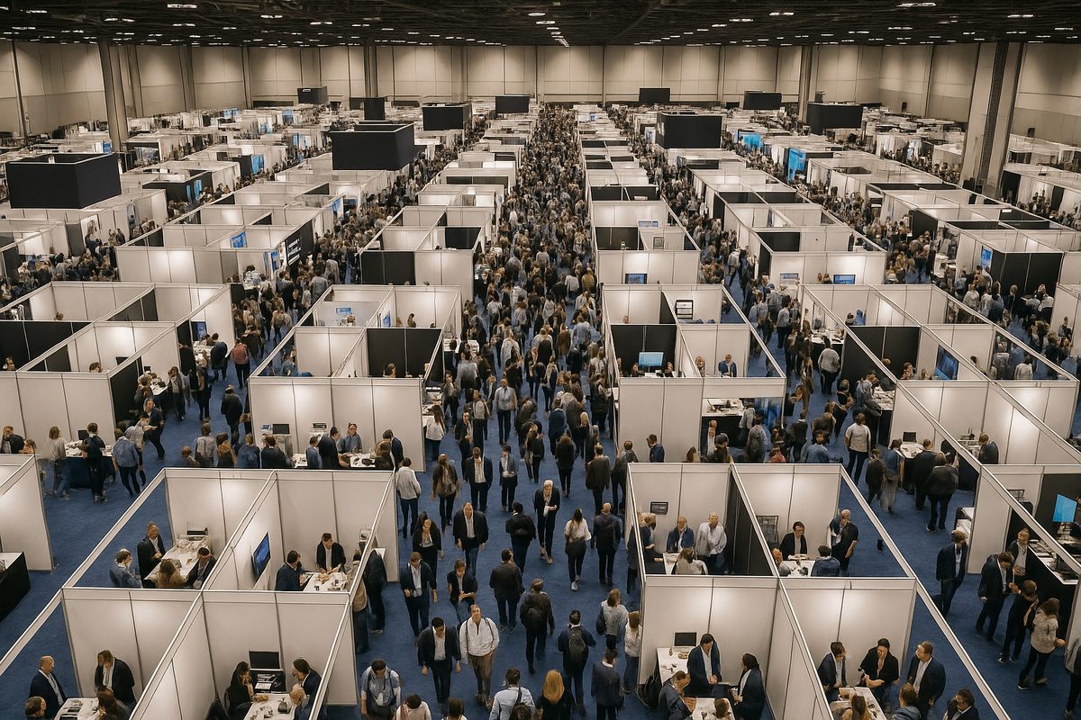 Bird's-eye view of an enormous trade show floor with a grid of white booths and hundreds of attendees