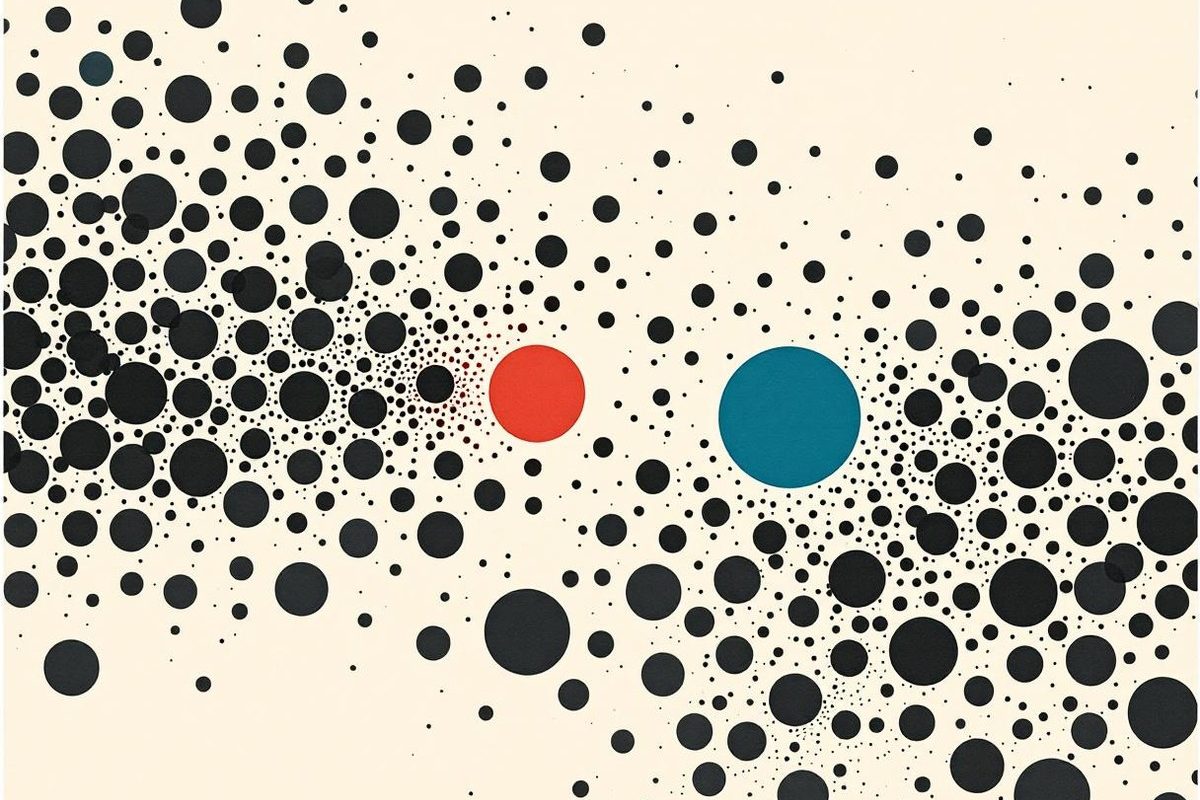Scattered dots with one red and one teal circle meeting at the centre, standing for a made introduction