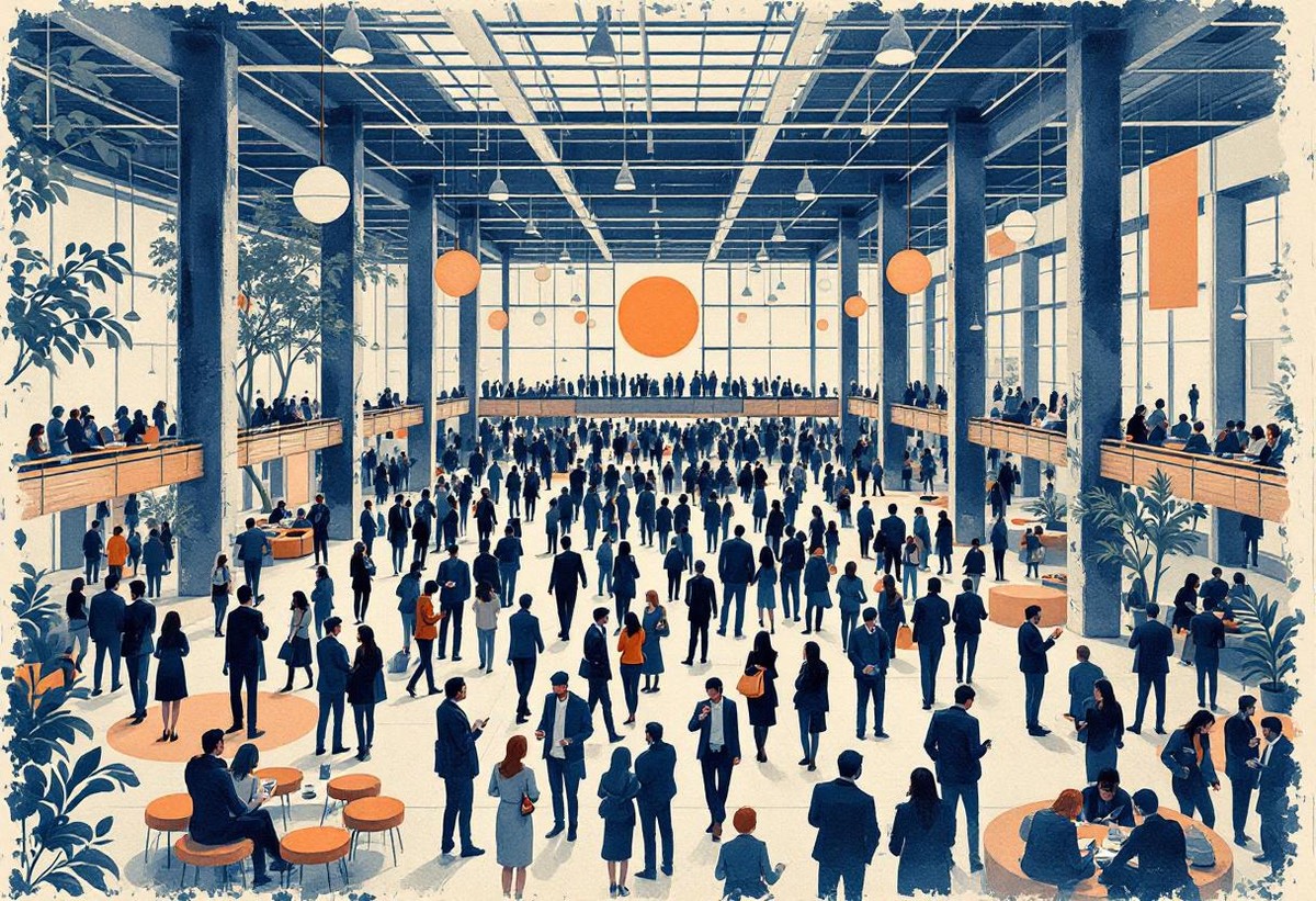 Crowd of professionals talking in small groups in a bright event atrium during a networking break