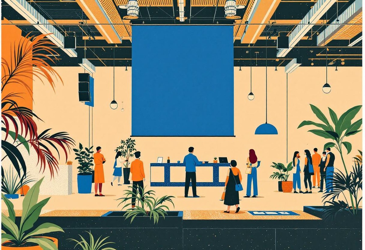 Editorial scene of a busy event lobby where transparent matchmaking reasons help attendees choose who to meet