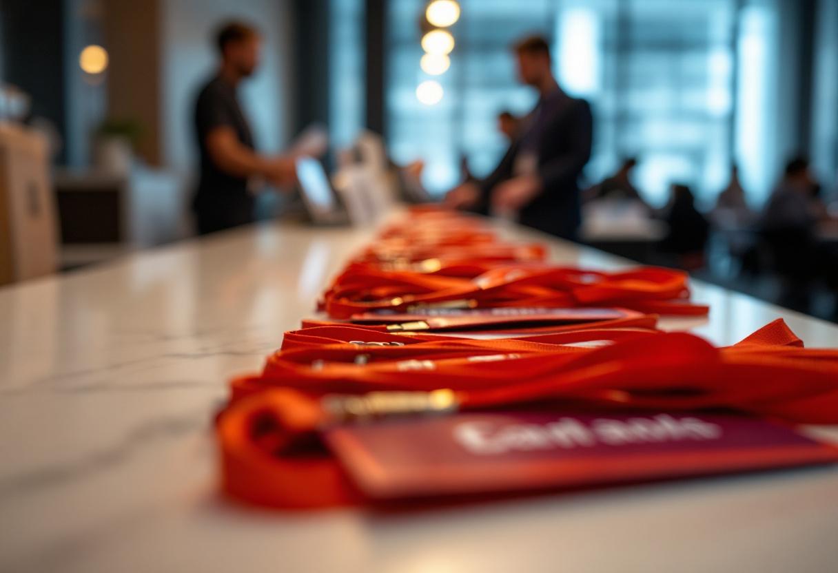 Rows of name badges and lanyards laid along a registration counter before attendees arrive at the event
