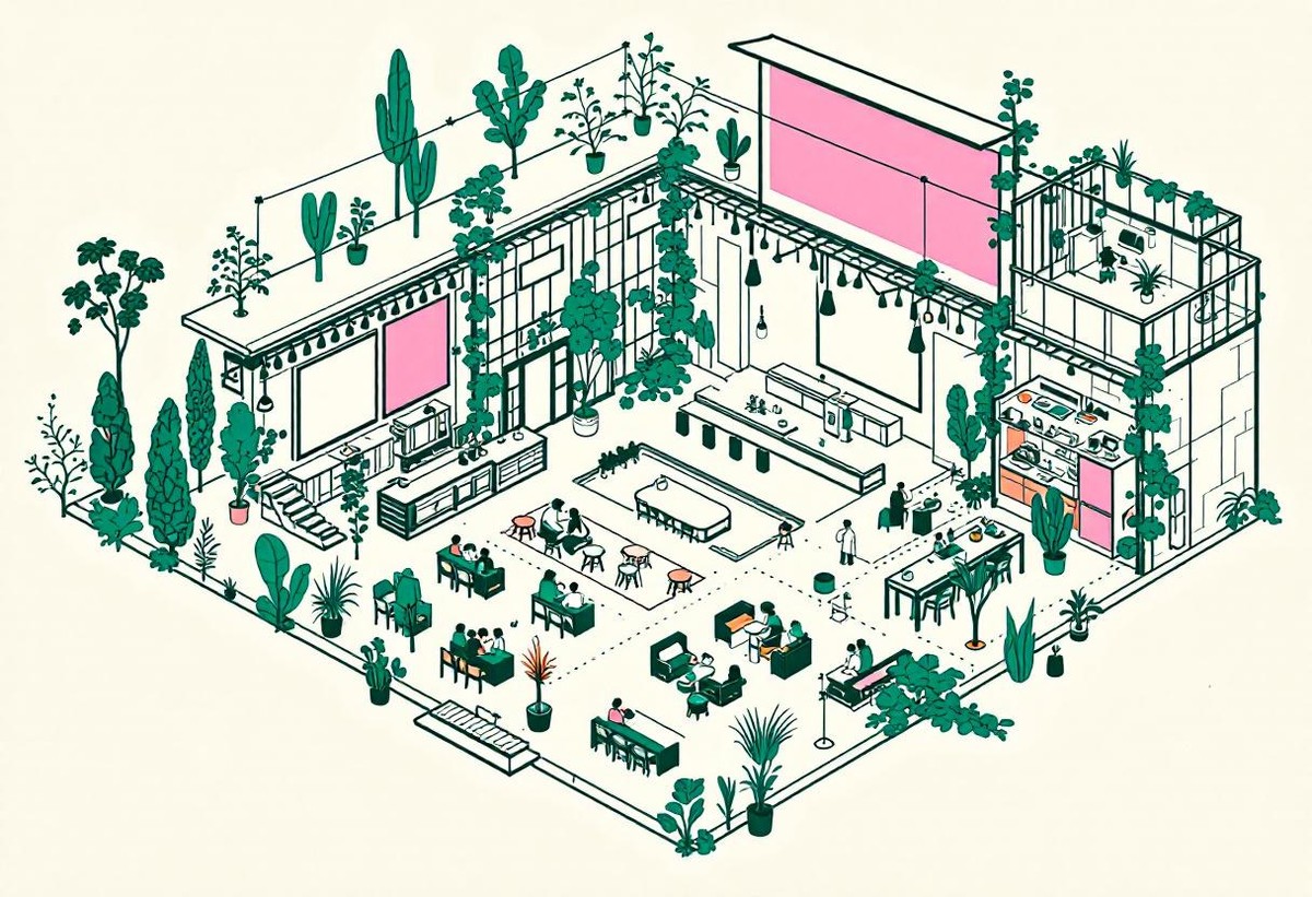 Isometric view of an event venue layout showing how event networking software slots into the physical programme
