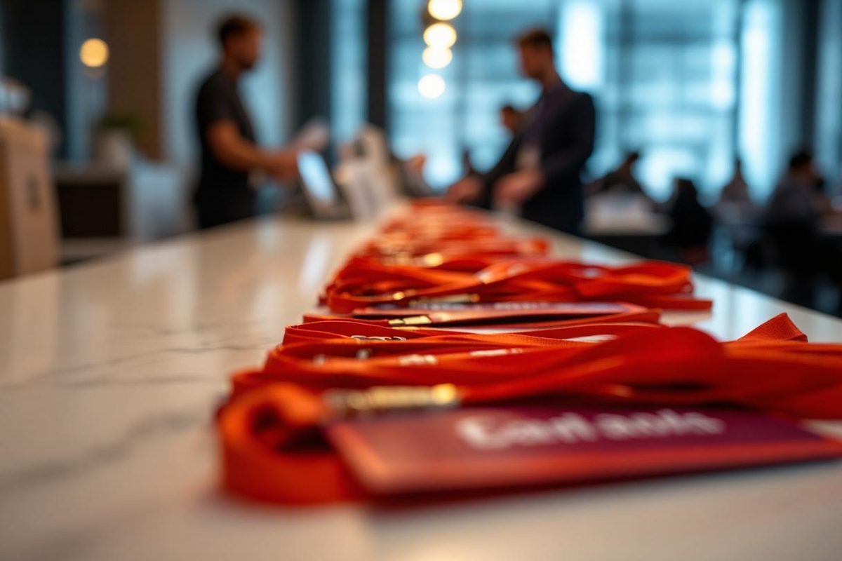 Row of red lanyards and name badges laid along a registration counter, staff preparing behind