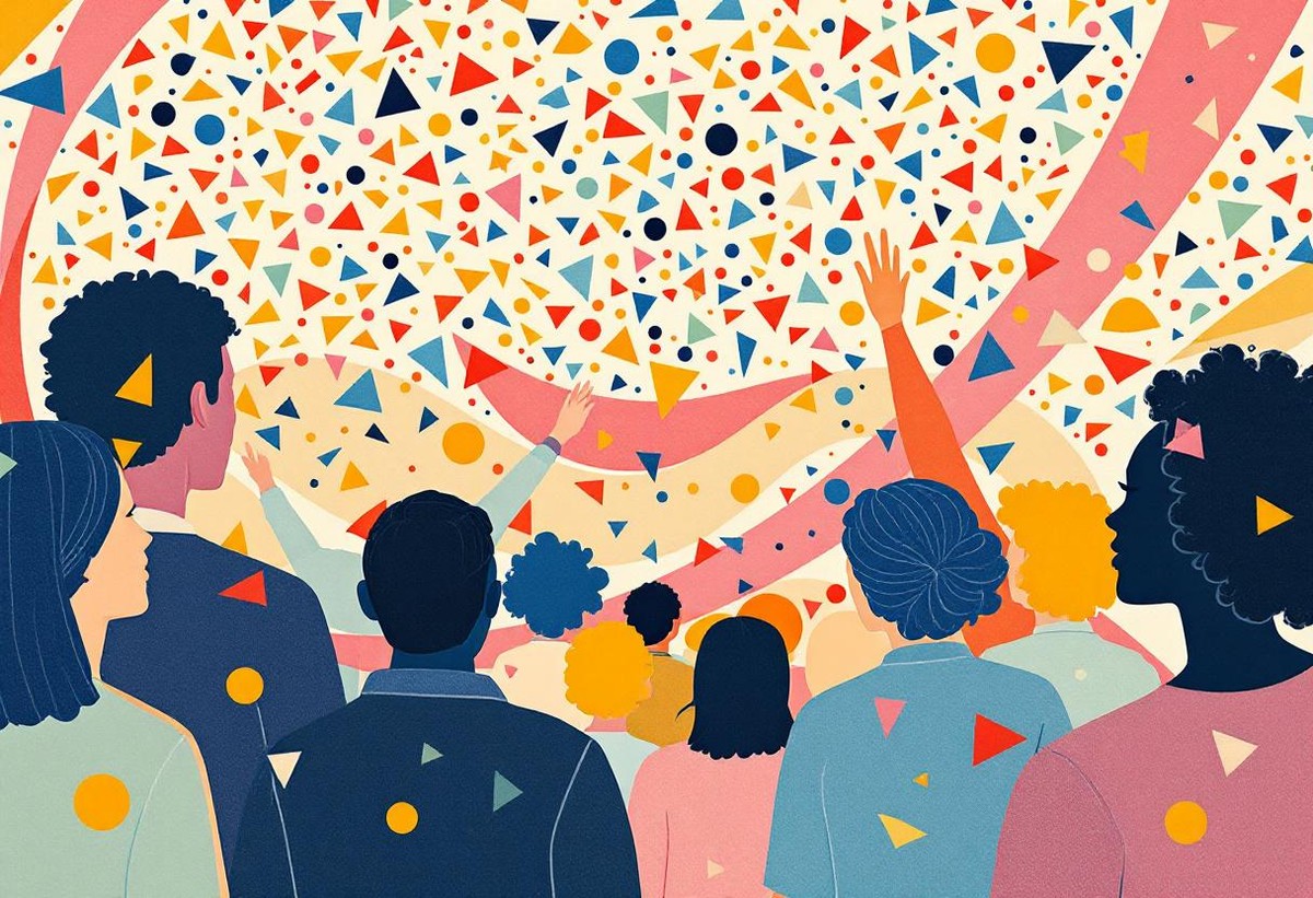 Crowd from behind watching a colourful confetti burst at a festival style corporate event finale