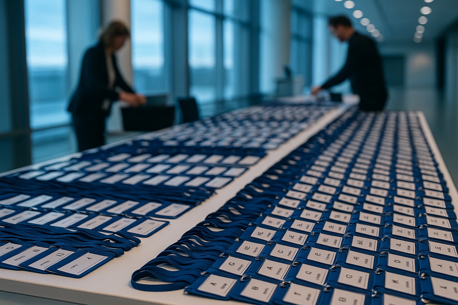 Registration desk at a fintech conference lined with name badges and lanyards before doors open
