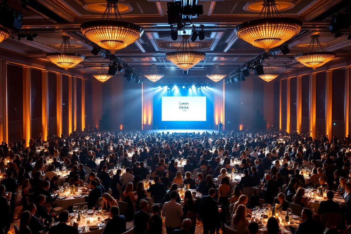 Association gala dinner filling a ballroom, hundreds of members seated at round tables under chandeliers
