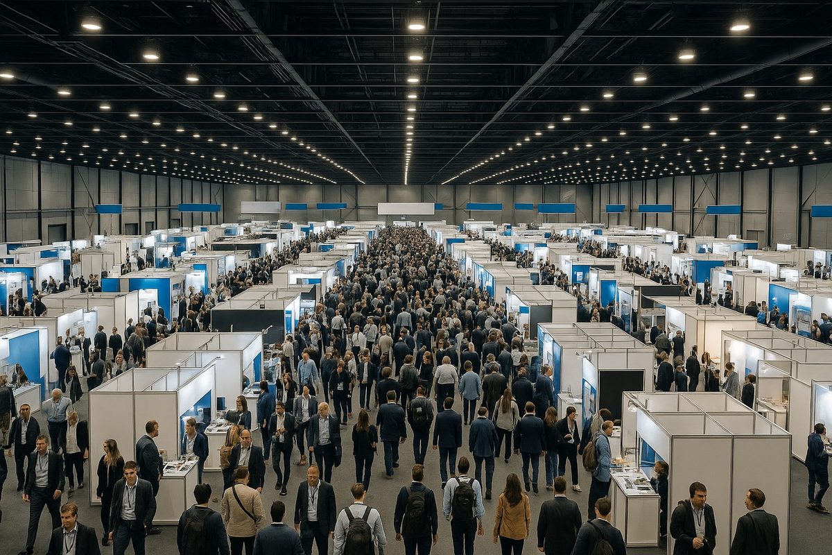 Aerial view of a packed exhibition hall with rows of white booths and hundreds of professional attendees
