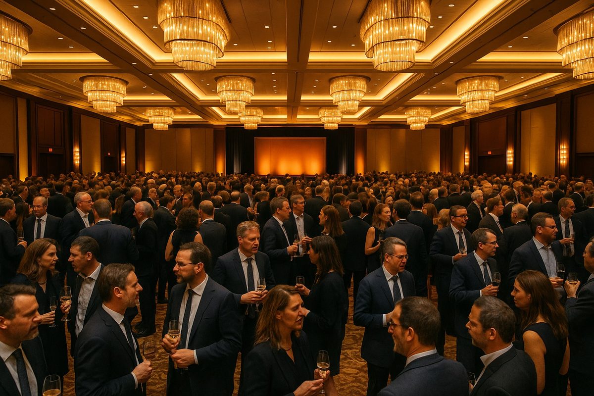 Hundreds of association members mingling in a grand chandeliered ballroom at an evening networking reception