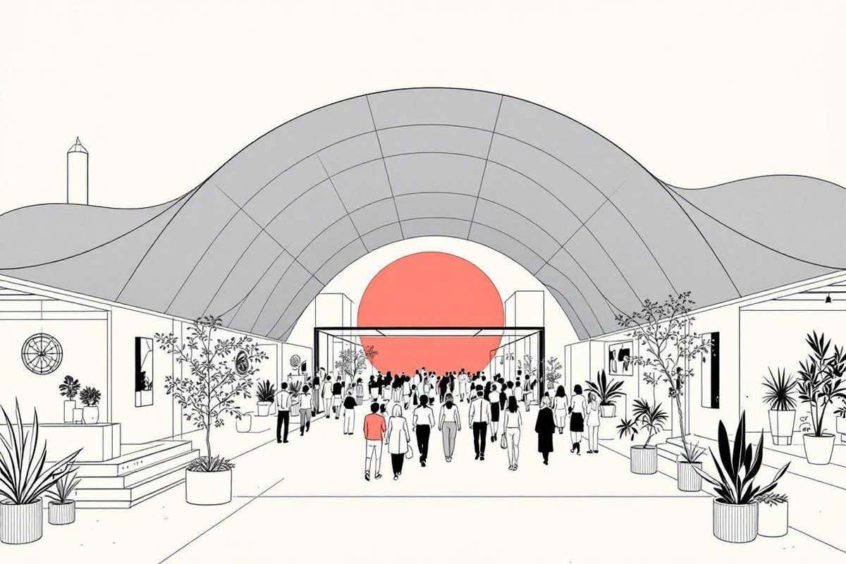Line drawing of a crowd approaching an arched conference venue entrance framed by a coral sun