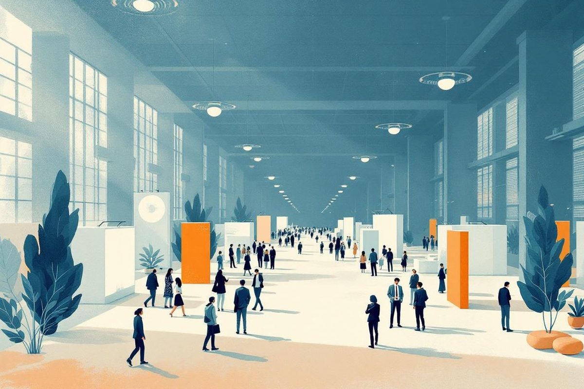 Large exhibition hall with orange pillar stands and small groups of professionals networking between booths