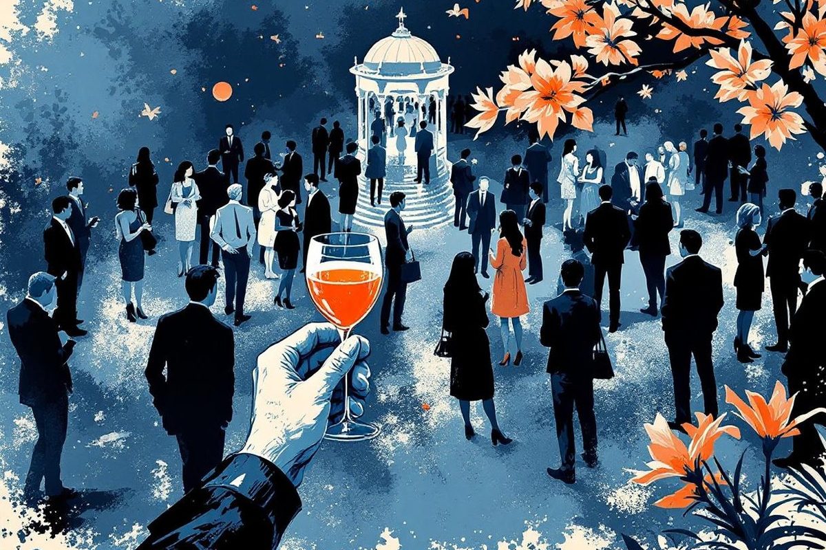 Formal outdoor evening reception with silhouetted professionals mingling near a gazebo, wine glass in the foreground