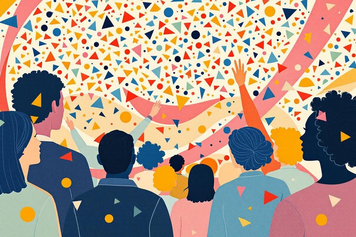 Crowd seen from behind watching a burst of confetti and colour at a large conference