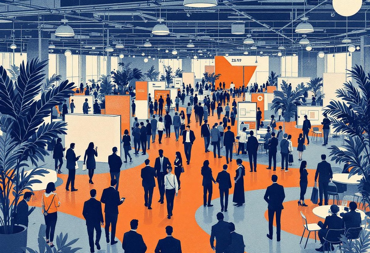 Textural illustration of a busy optical trade show hall with buyer-supplier meetings happening between booth displays
