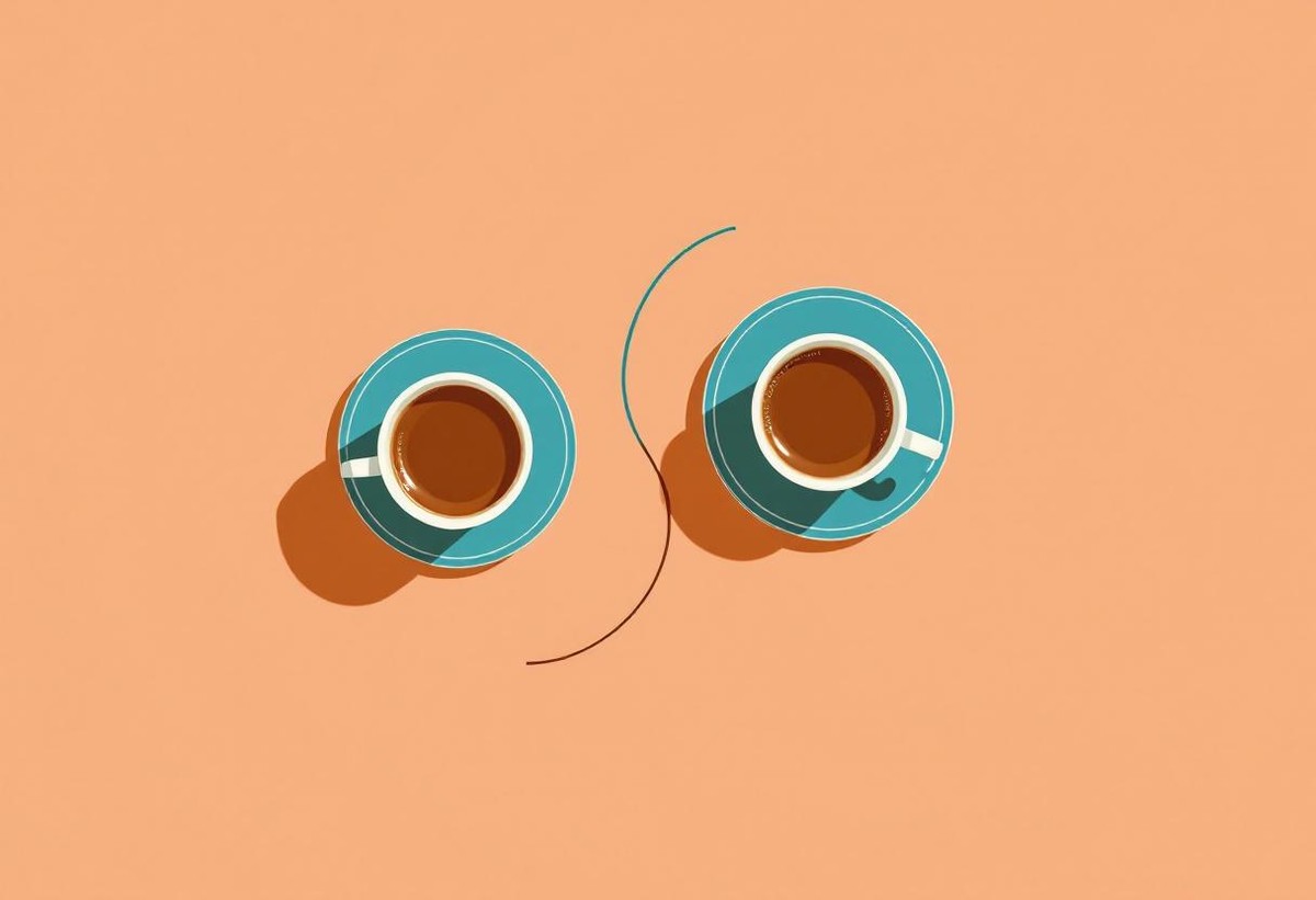 Abstract illustration of two coffee cups connected by a curling thread representing an optical buyer supplier matchmaking meeting