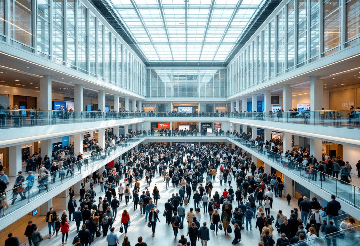 Abstract illustration representing staged pre event networking across registration and arrival