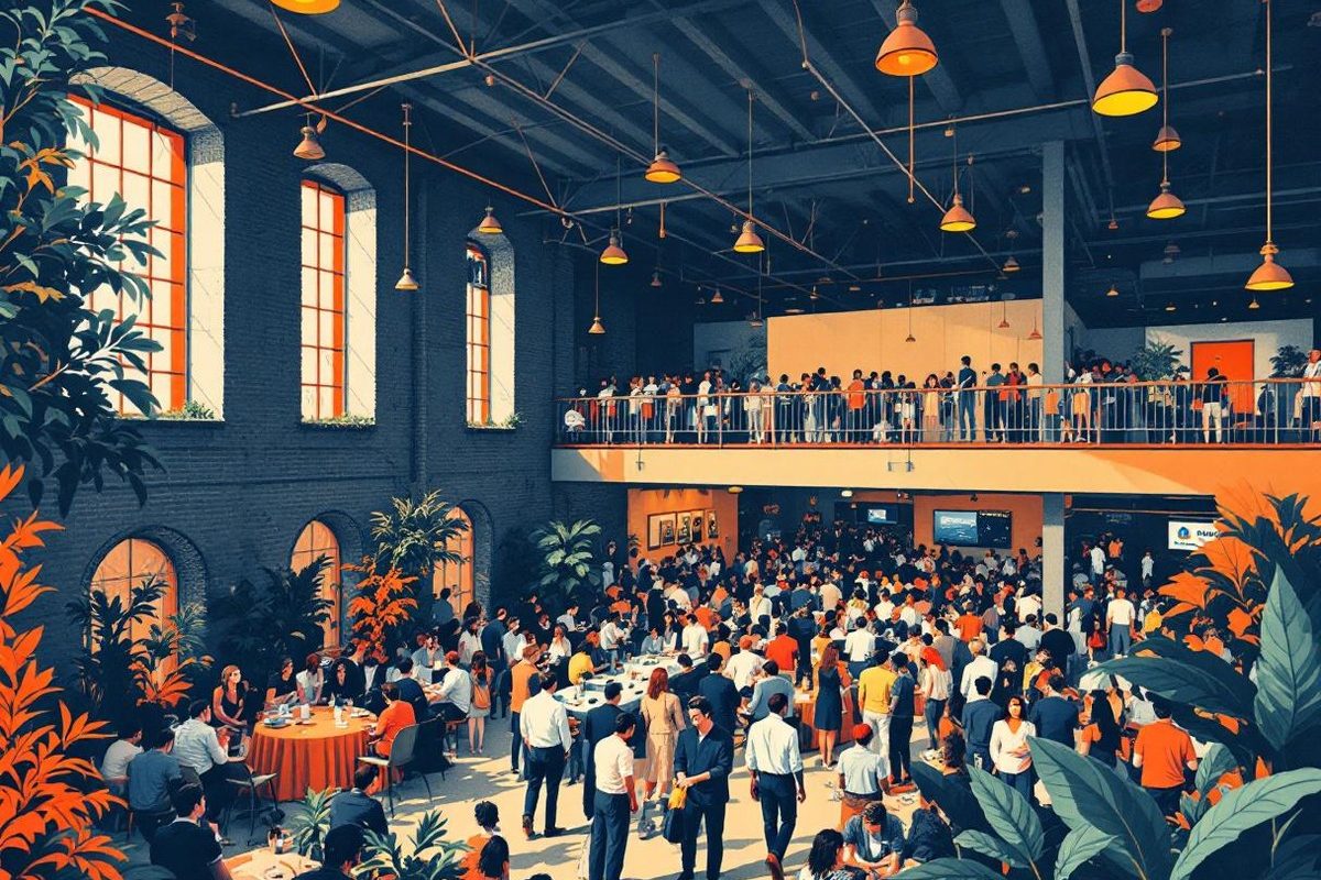 Packed networking event in a warehouse venue with a mezzanine level, orange accents and tall plants
