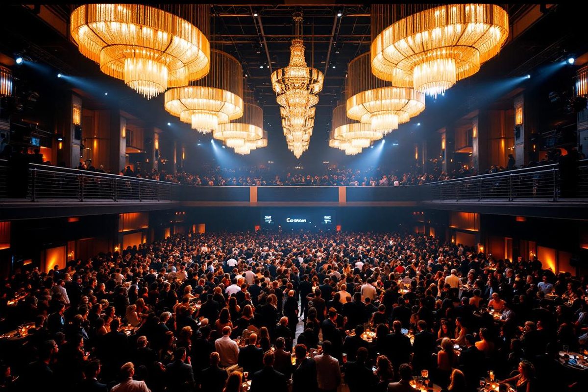 Grand ballroom with huge chandeliers, a packed crowd at tables and a lit stage at the far end