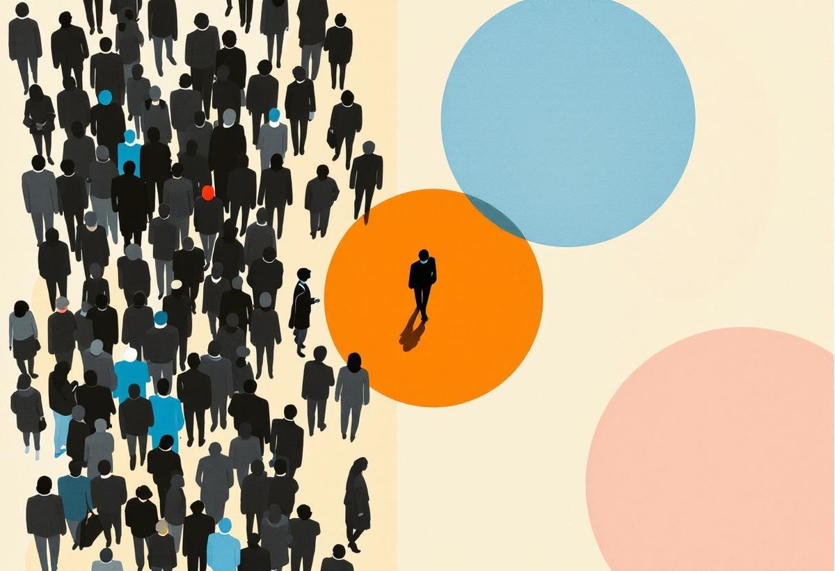 Abstract editorial illustration of speed networking software selecting one match from a crowd of professionals