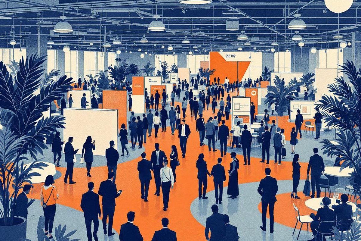 Busy trade show hall with silhouetted professionals moving between booth displays on an orange floor
