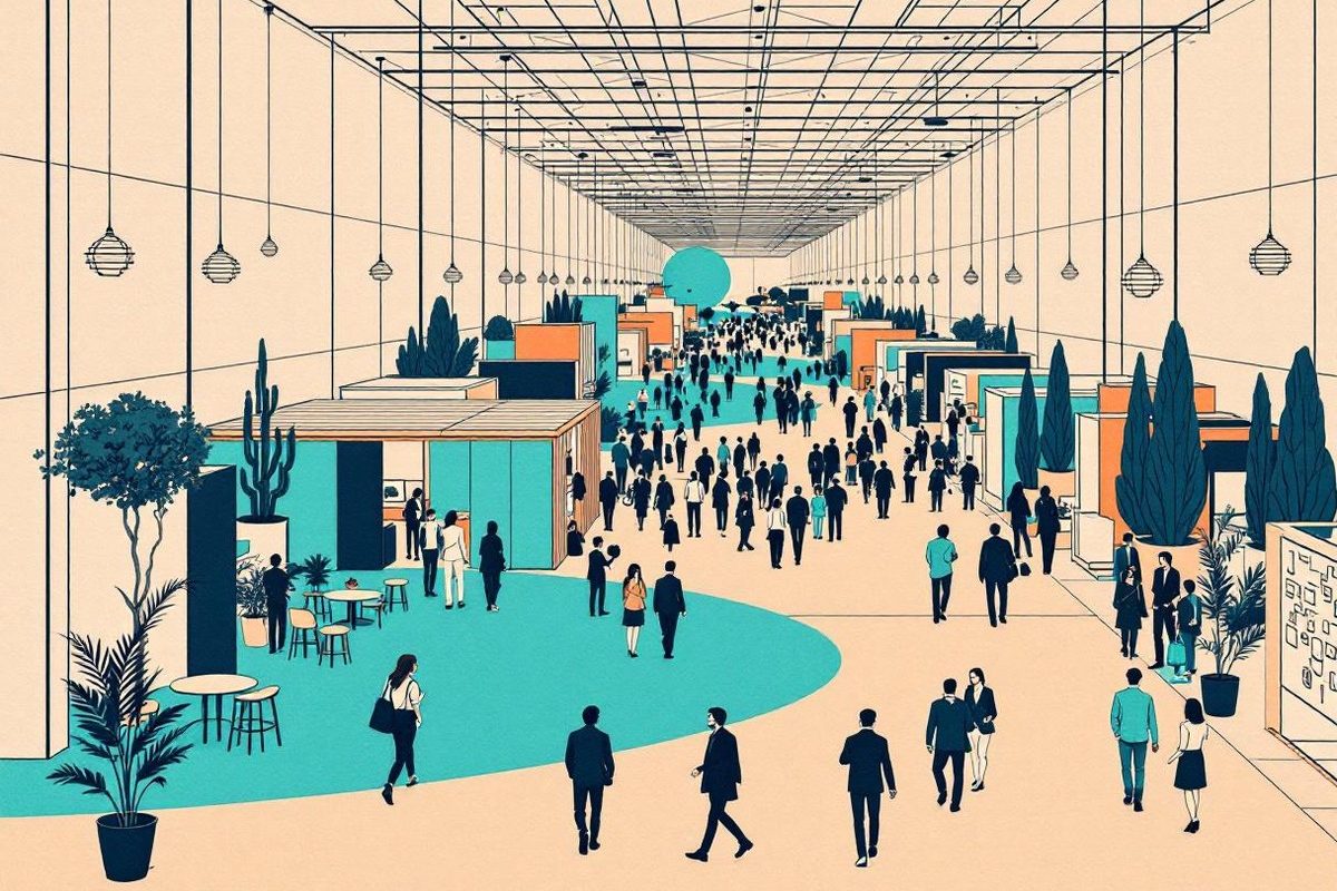 Long trade show aisle with a teal floor, booth rows on either side and a crowd of attendees networking