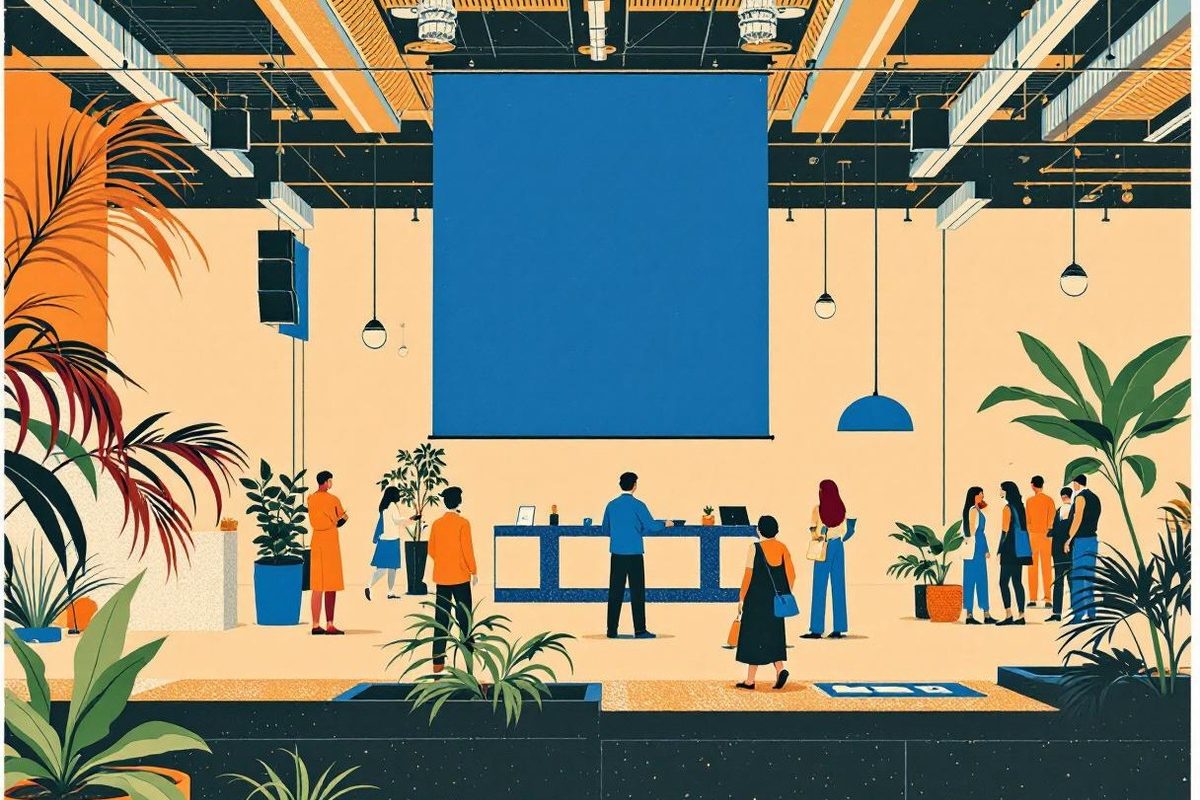Conference registration lobby with tropical plants, a welcome desk and attendees arriving in warm orange and blue