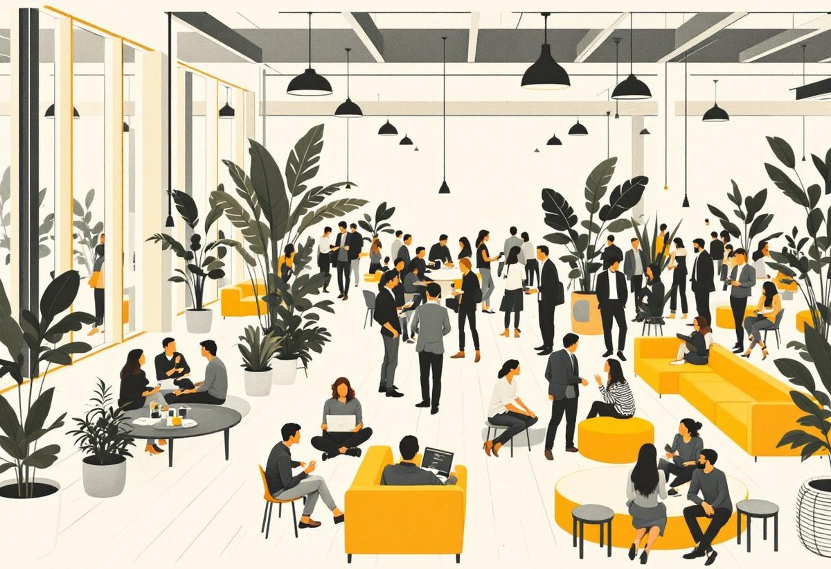 Small group of peers talking in a quiet networking lounge, the sustained in-person contact that has become scarce