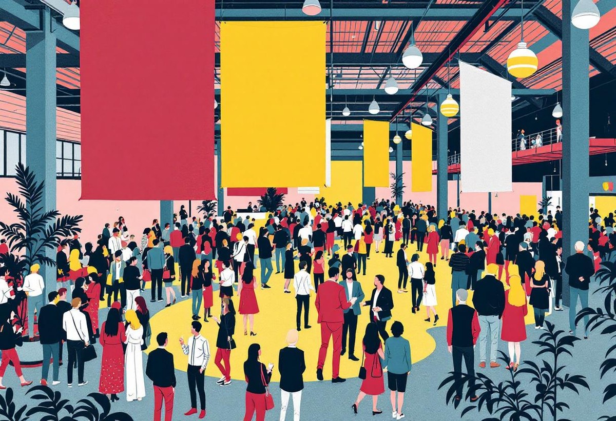Designed welcome foyer at a large event where organiser-led concentrated networking begins