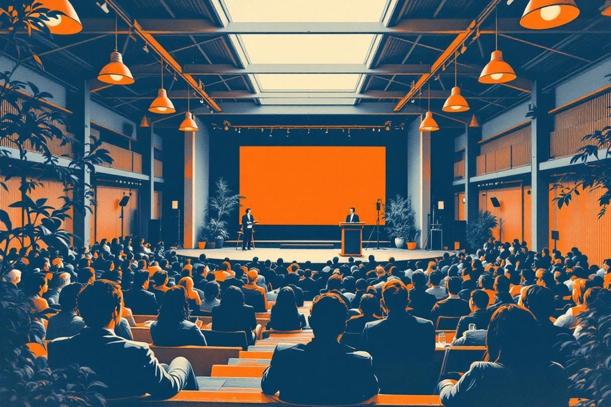Packed conference auditorium with a speaker at the podium in front of a large orange screen